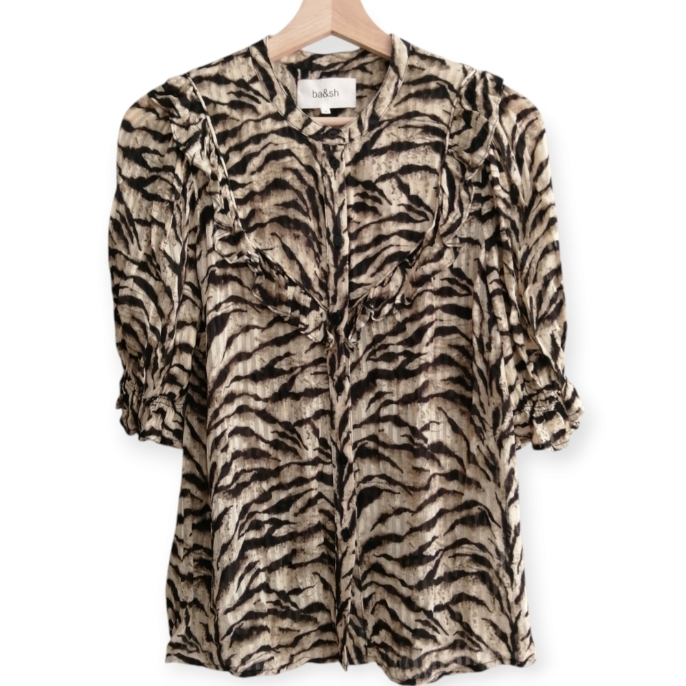 Ba&sh Tiger Print Ruffle Accent Button Up Blouse with Half Sleeves Ba&Sh 0 XS